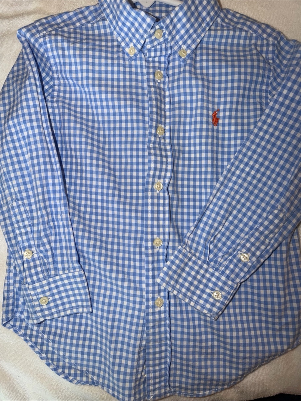 Ralph Lauren Light Blue and White Gingham Button-Down Shirt with Orange Pony